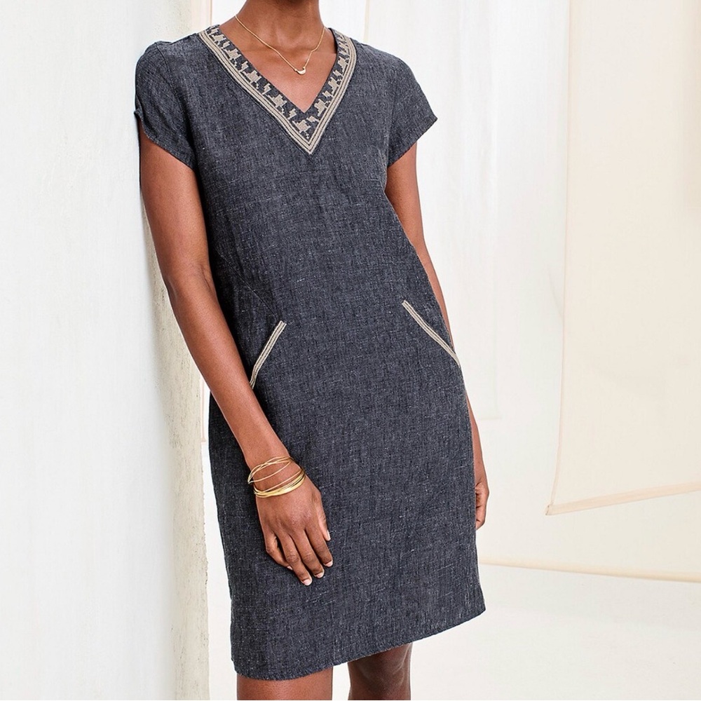 Garnet Hill BEIGE TAN linen Embroidered V-Neck Shift Dress pockets